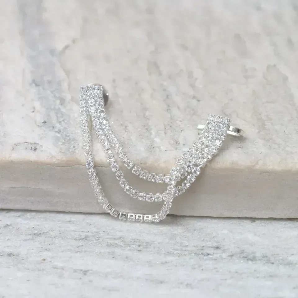 BRINCO EAR CUFF FESTA FIOS DE ZIRCÔNIA CRISTAIS BANHO PRATA