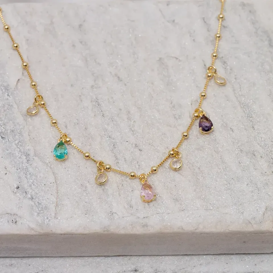 CHOKER BOLINHA COM ZIRCÔNIAS COLORIDAS BANHO OURO 18K