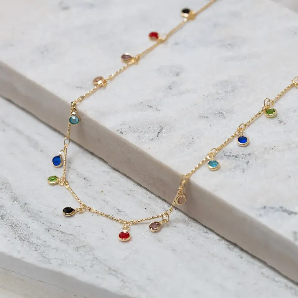 CHOKER COM CRISTAIS COLORIDOS BANHO OURO 18K
