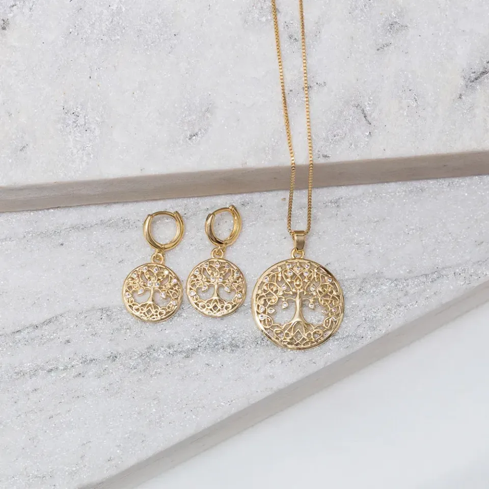 CONJUNTO ÁRVORE DA VIDA COM ZIRCÔNIAS BANHO OURO 18K