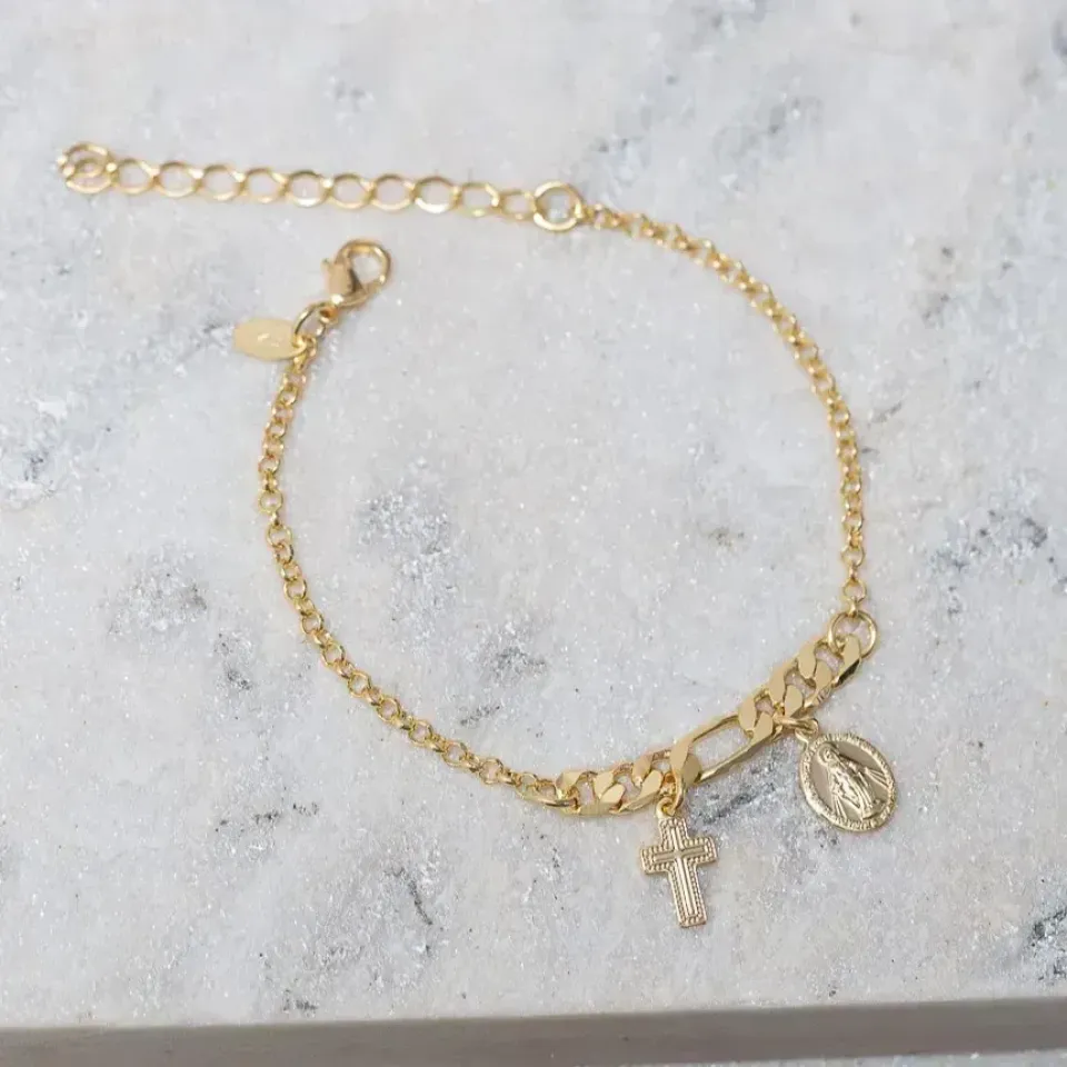 PULSEIRA COM CRUZ E NOSSA SENHORA BANHO OURO 18K