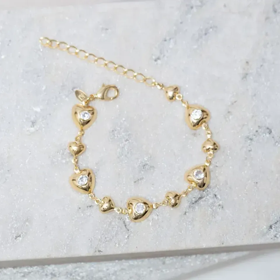 PULSEIRA CORAÇÕES COM ZIRCÔNIA CRISTAL BANHO OURO 18K