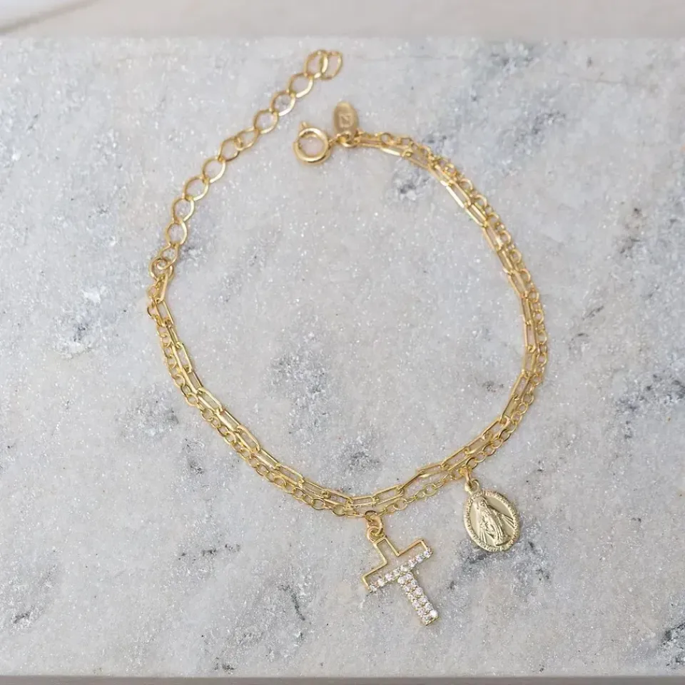 PULSEIRA DUPLA COM CRUZ E NOSSA SENHORA BANHO OURO 18K