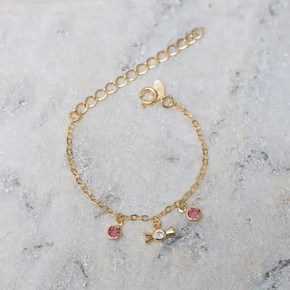 PULSEIRA INFANTIL BOMBOM COM CRISTAIS ROSAS BANHO OURO 18K