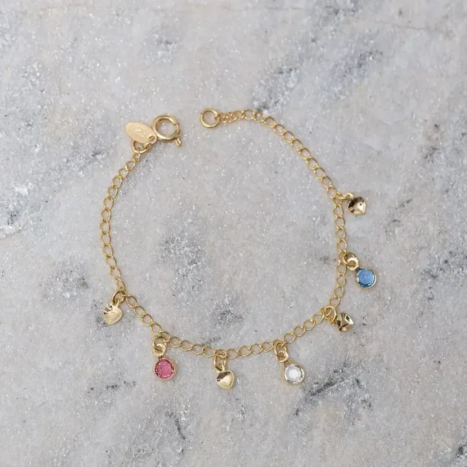 PULSEIRA INFANTIL COM CORAÇÕES E CRISTAIS BANHO OURO 18K
