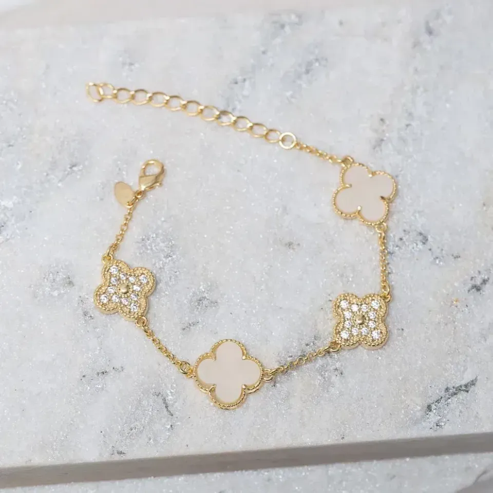 PULSEIRA VIRGINIA PEDRA MARFIM E ZIRCÔNIA CRISTAL BANHO OURO 18K