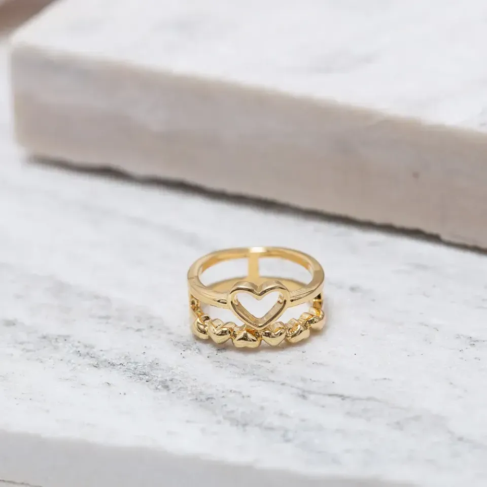 ANEL CORAÇÃO DUPLO BANHO OURO 18K
