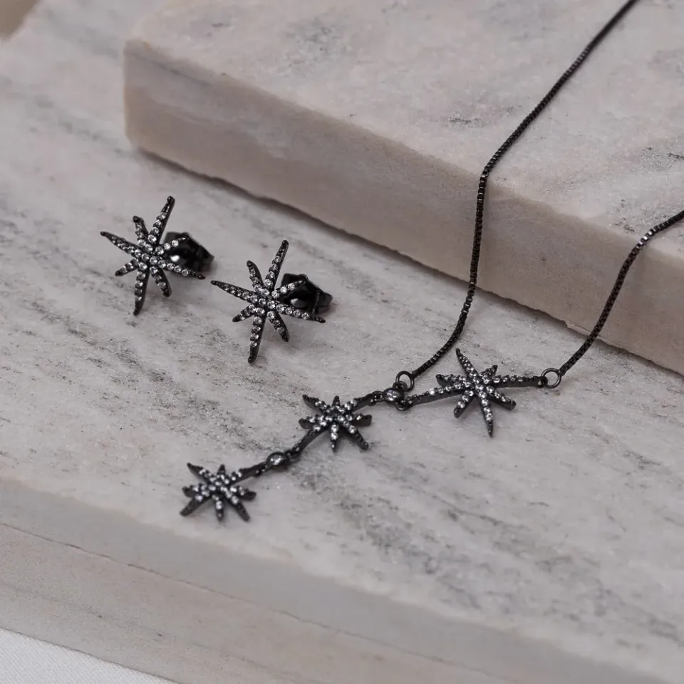 CONJUNTO ESTRELAS COM ZIRCÔNIA CRISTAL BANHO RÓDIO NEGRO