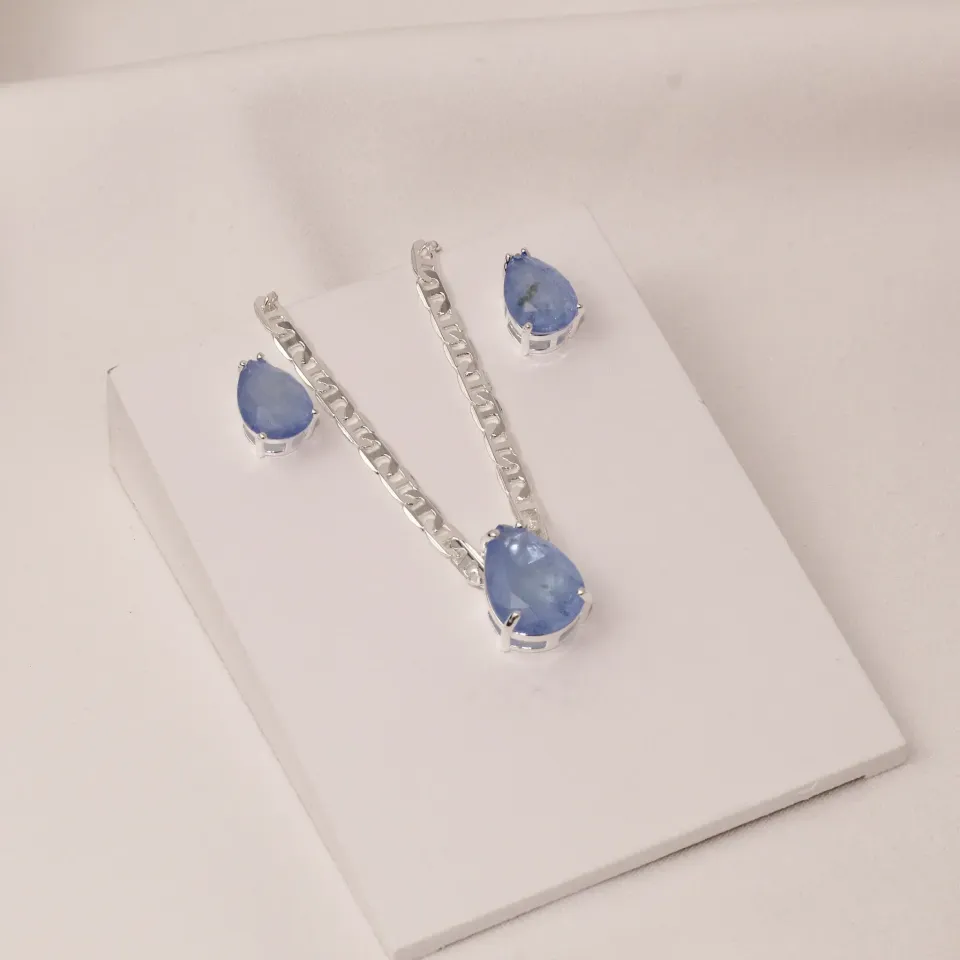 CONJUNTO GOTA CRISTAL AZUL CORRENTE PIASTRINE BANHO PRATA
