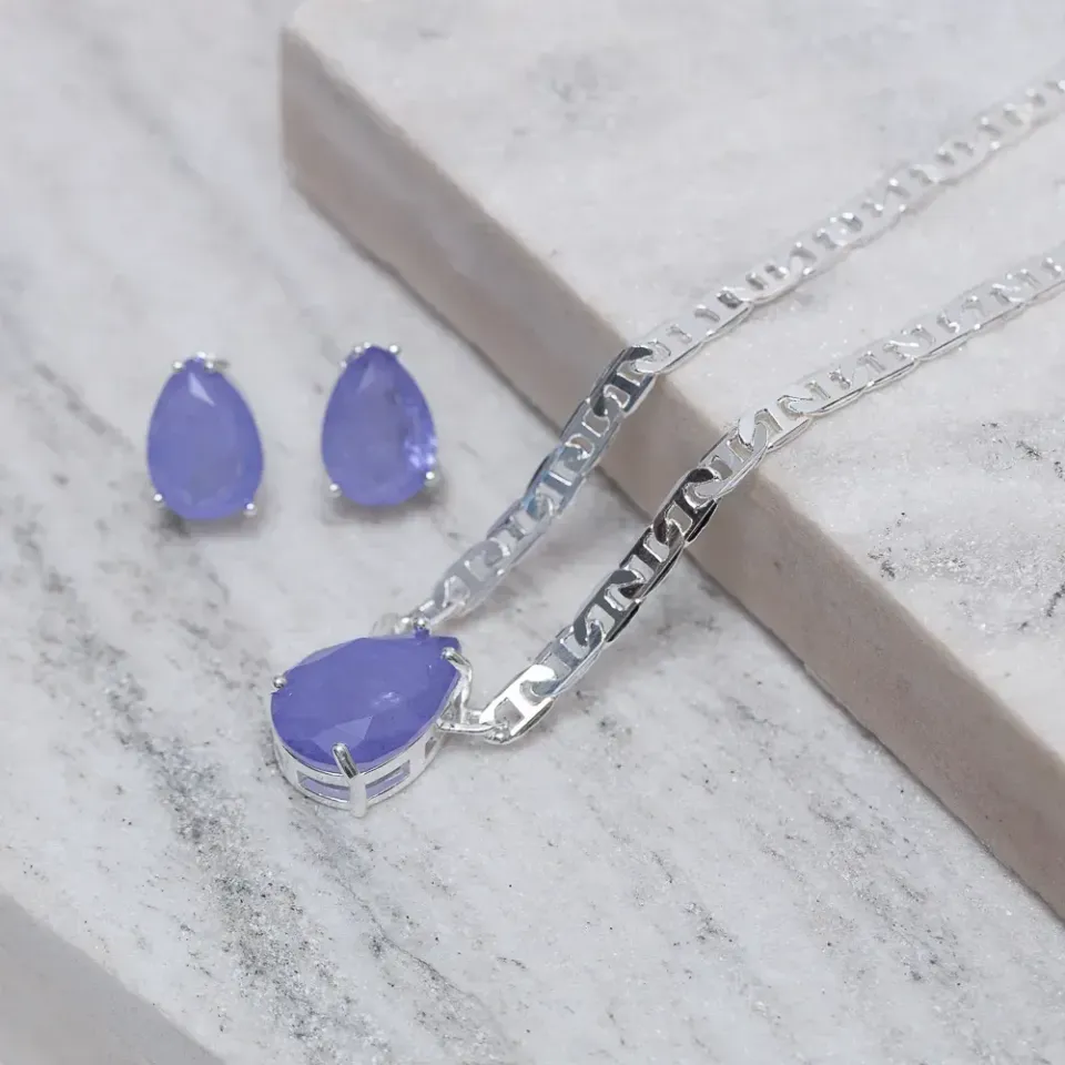 CONJUNTO GOTA CRISTAL LILÁS CORRENTE PIASTRINE BANHO PRATA