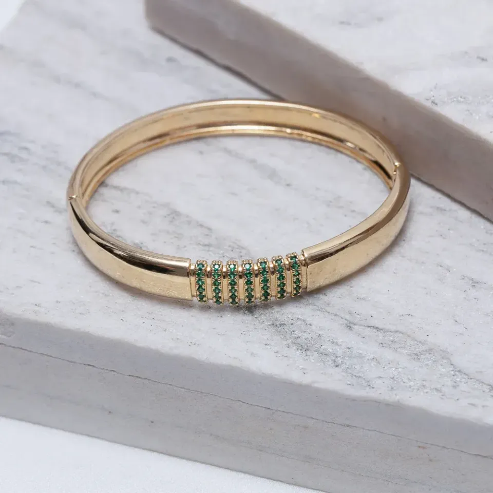 BRACELETE COM ZIRCÔNIAS VERDE ESMERALDA BANHO OURO 18K