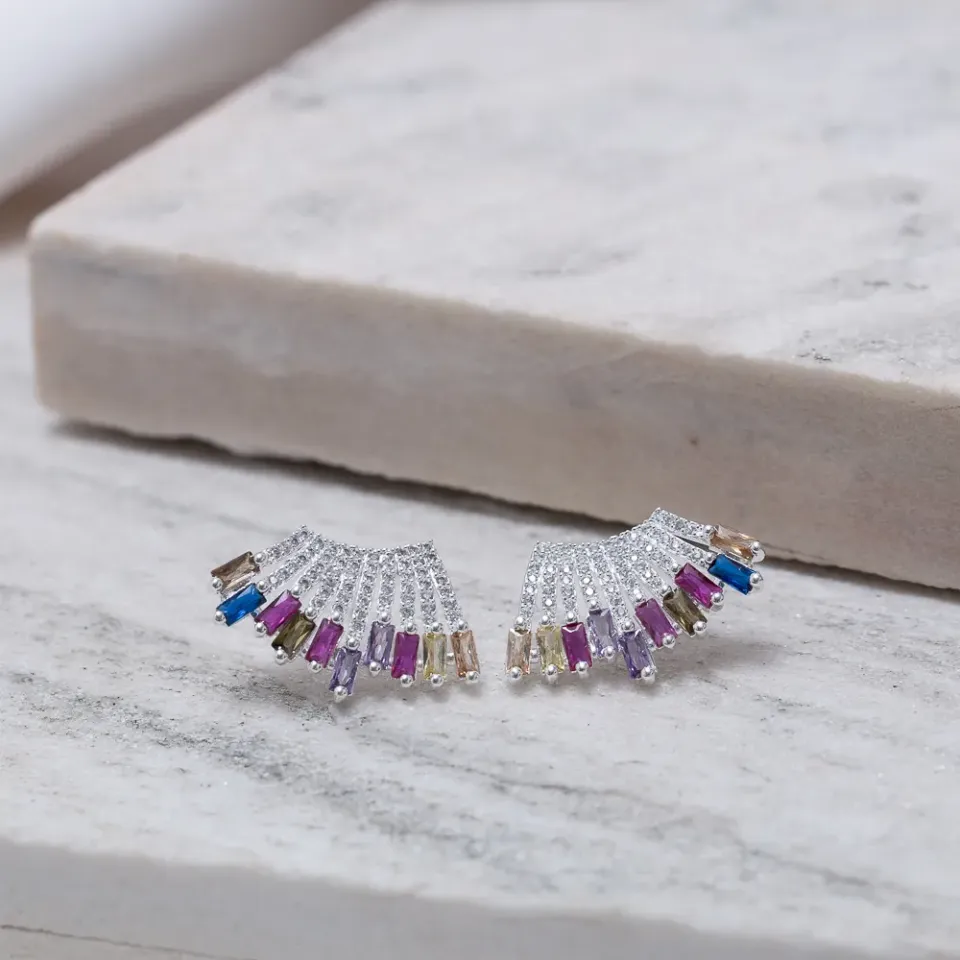 BRINCO EAR CUFF COM ZIRCÔNIAS NAVETE COLORIDAS BANHO PRATA