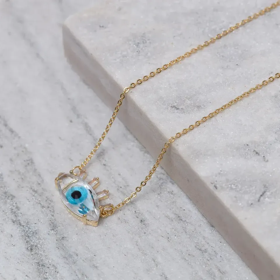 COLAR OLHO GREGO COM PEDRA CRISTAL E VERDE  BANHO OURO 18K