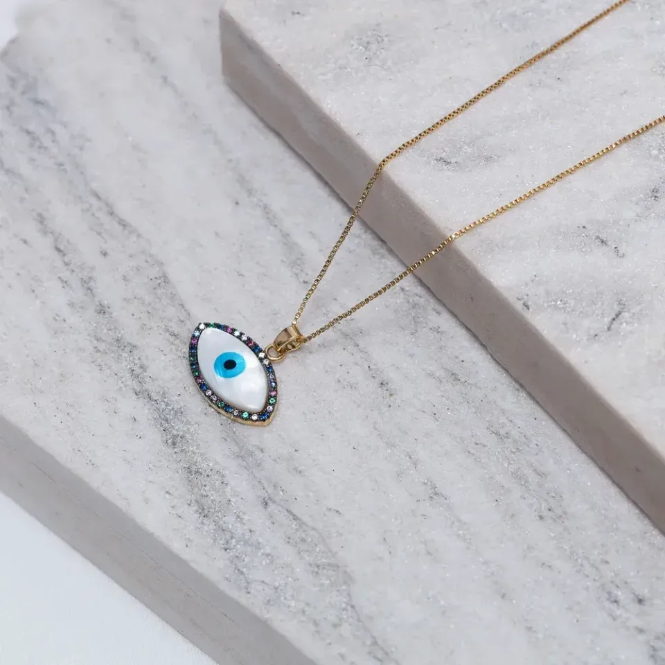 COLAR OLHO GREGO COM ZIRCÔNIAS COLORIDAS BANHO OURO 18K