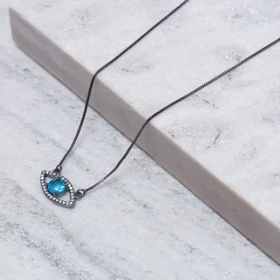 COLAR OLHO GREGO COM ZIRCÔNIA AZUL BANHO RÓDIO NEGRO