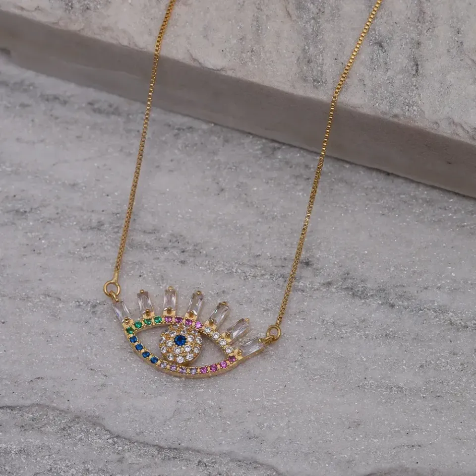 COLAR OLHO GREGO COM ZIRCÔNIAS CRISTAIS E COLORIDAS BANHO OURO 18K