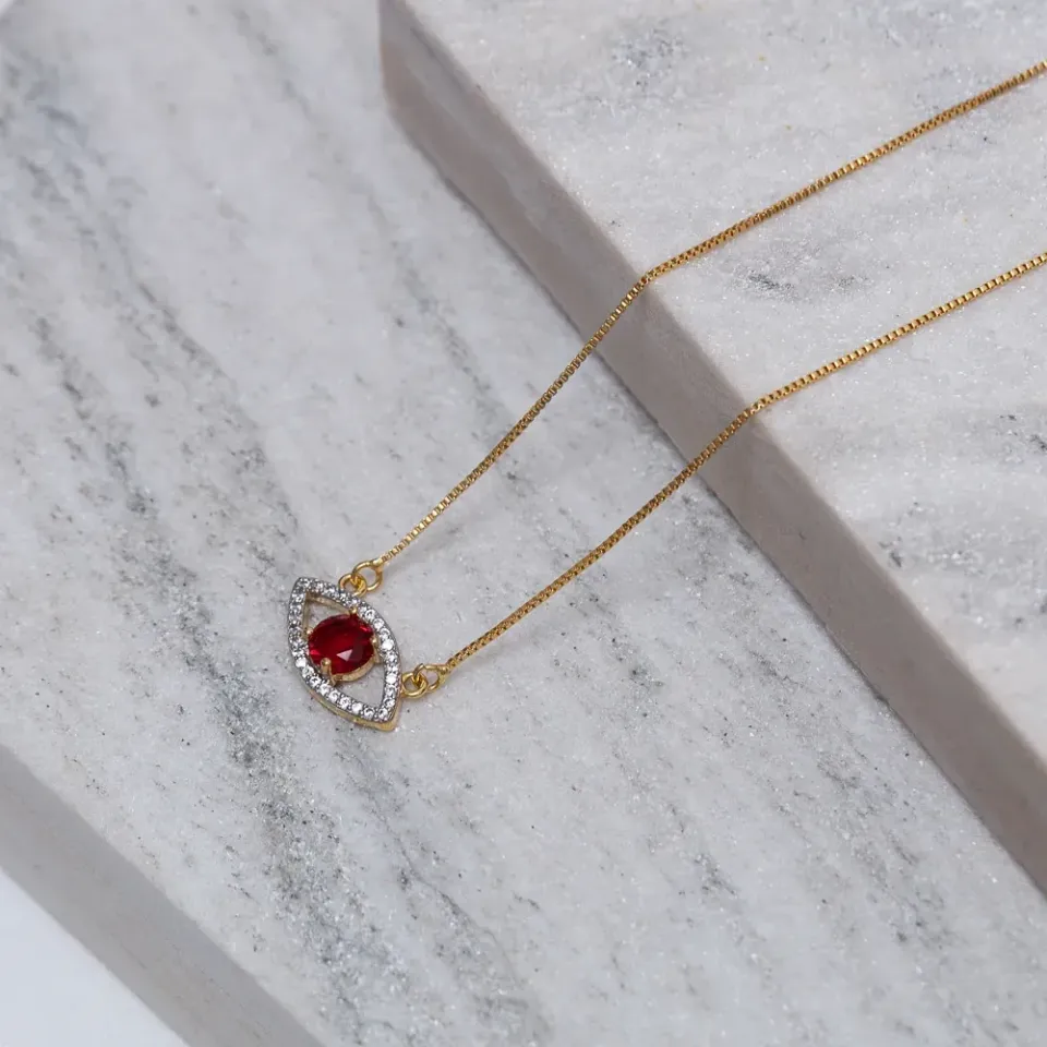 COLAR OLHO GREGO COM PEDRA VERMELHO RUBI BANHO OURO 18K