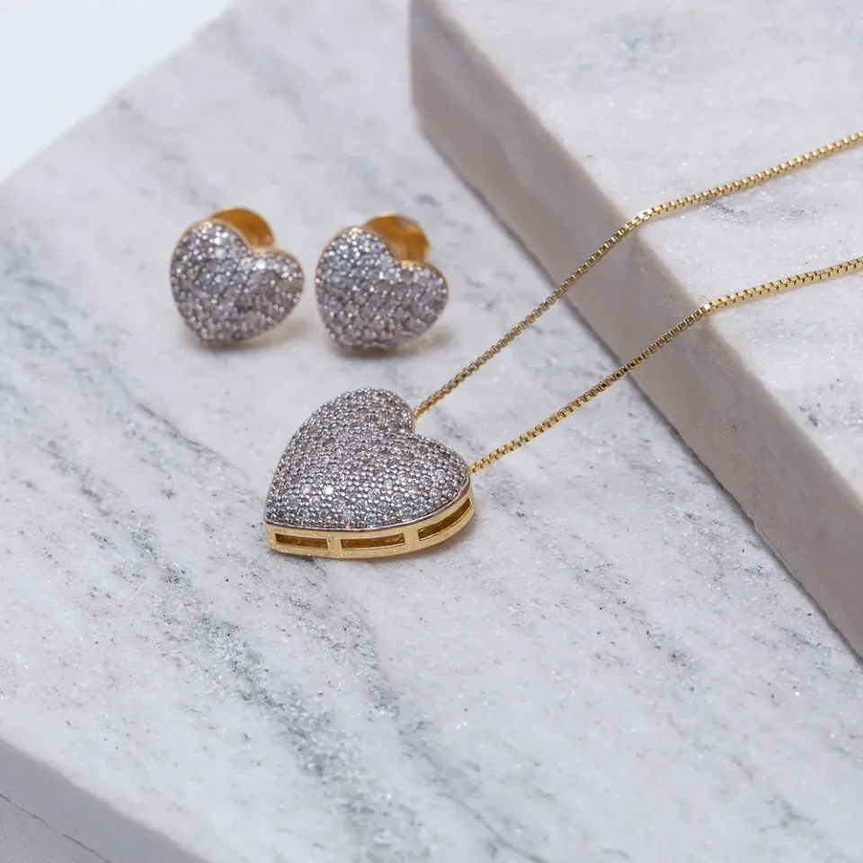 CONJUNTO CORAÇÃO COM CANETA RÓDIO BRANCO BANHO OURO 18K