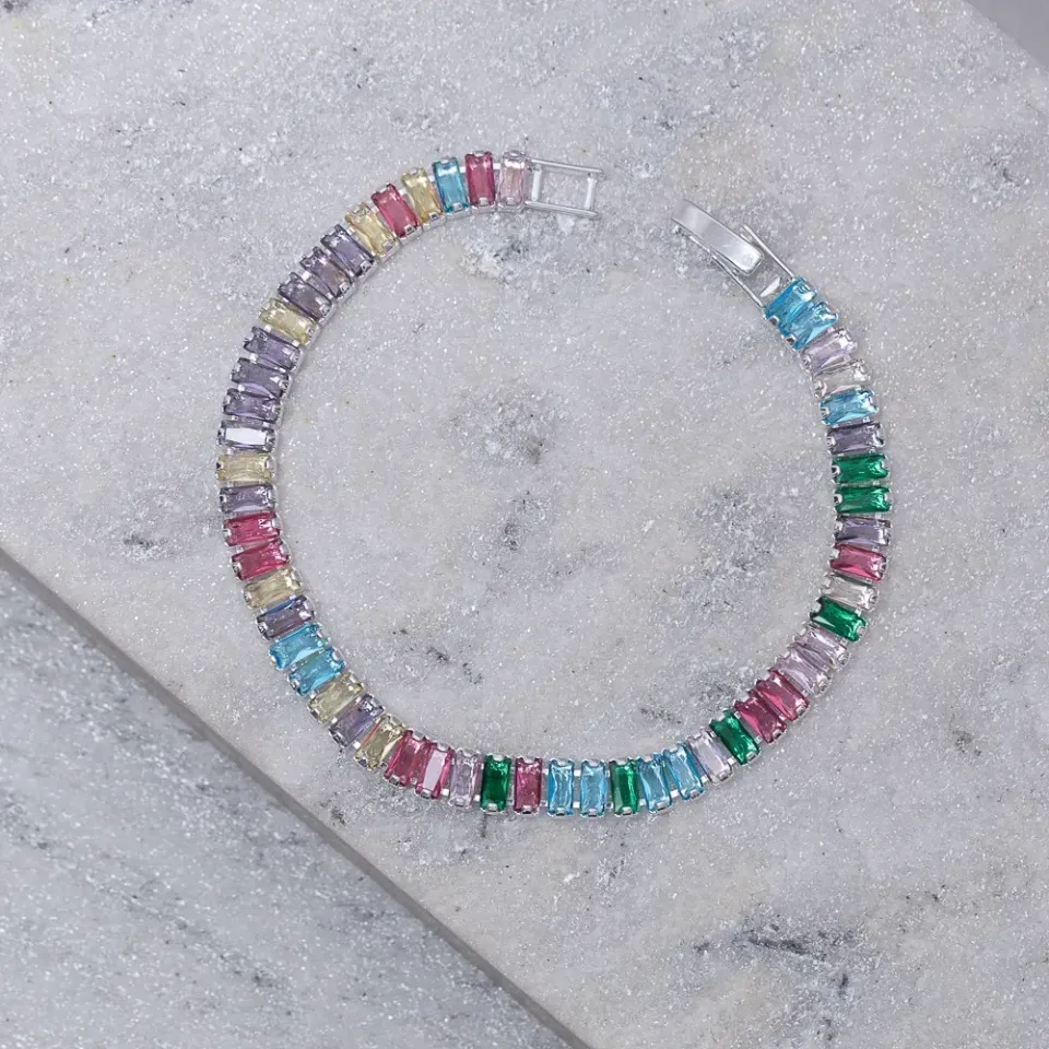 PULSEIRA RIVIERA COM ZIRCÔNIAS NAVETE COLORIDAS BANHO PRATA