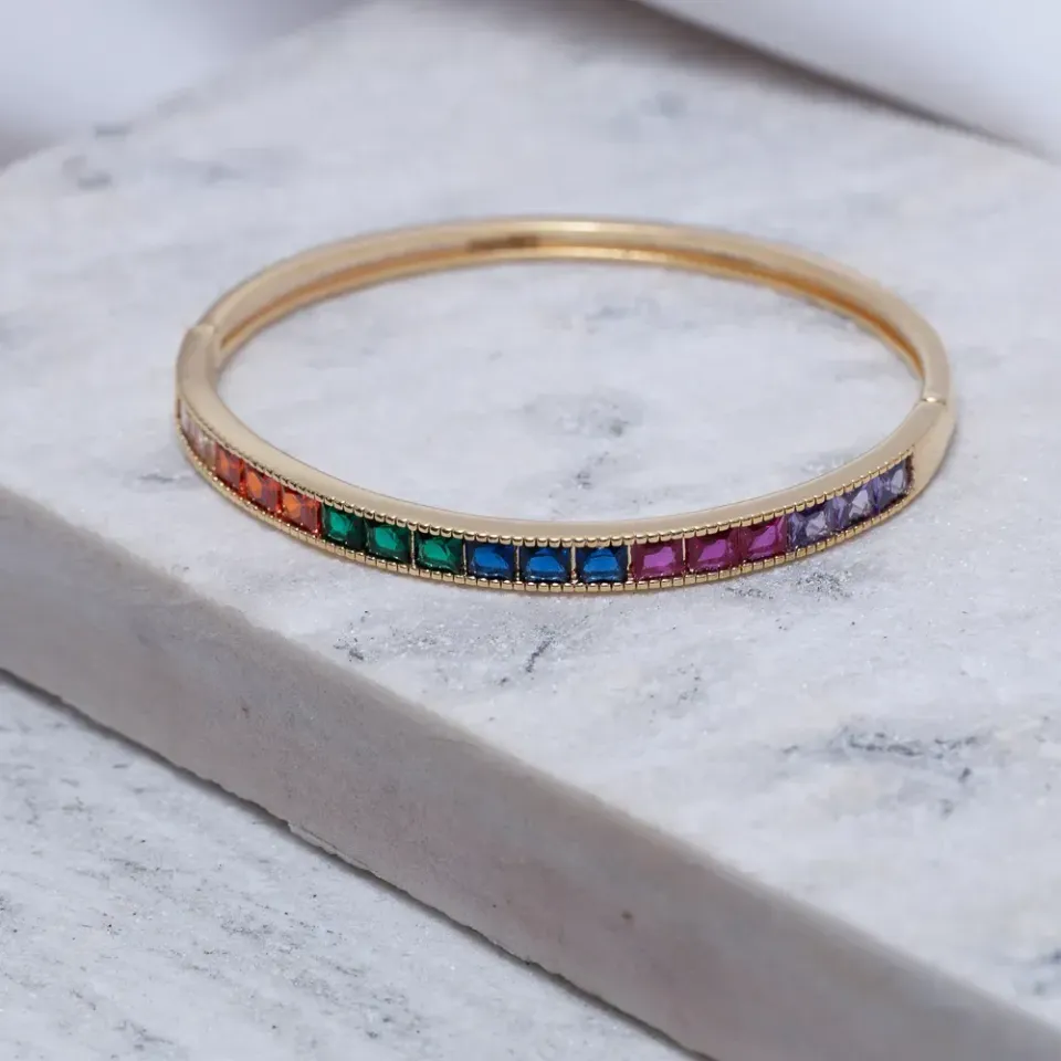 BRACELETE COM ZIRCÔNIAS NAVETE COLORIDAS BANHO OURO 18K