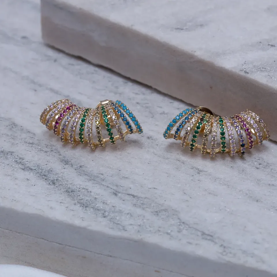 BRINCO EAR CUFF COM ZIRCÔNIAS COLORIDAS BANHO OURO 18K