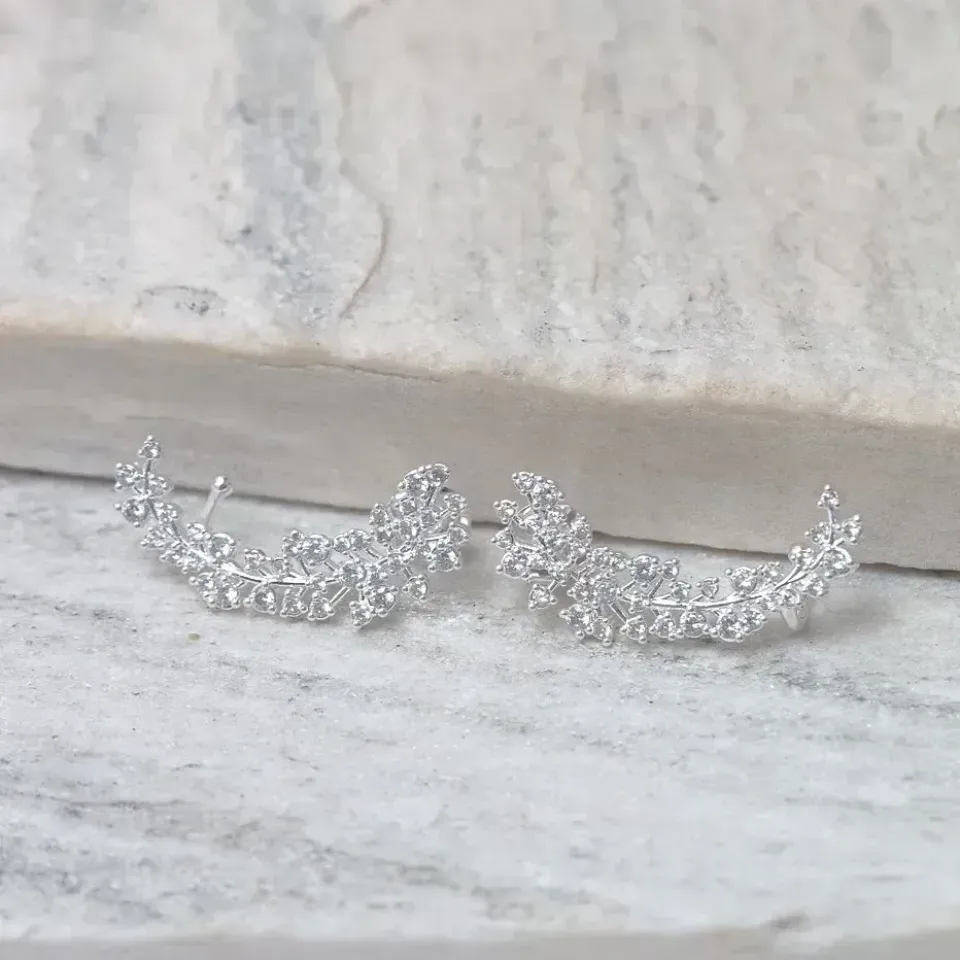 BRINCO EAR CUFF RAMOS COM ZIRCÔNIAS CRISTAIS BANHO PRATA