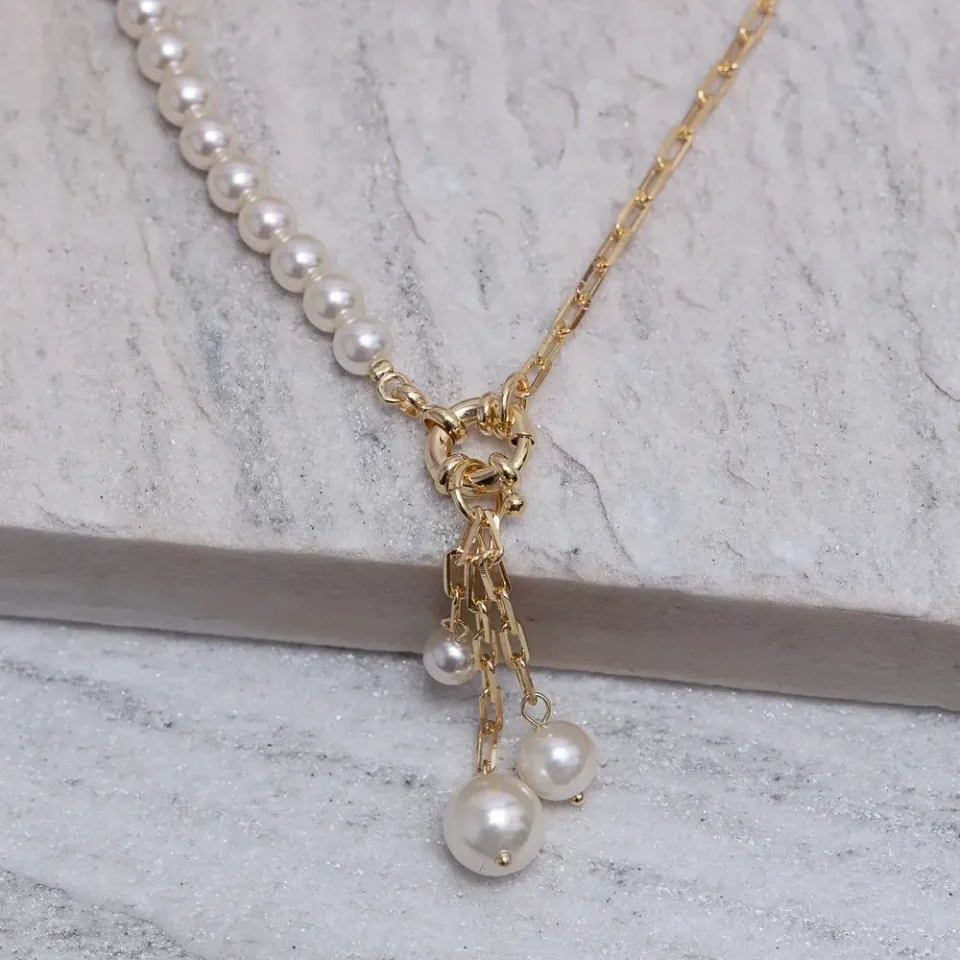 COLAR ELOS CARTIER E PÉROLAS COM FECHO BOIA BANHO OURO 18K