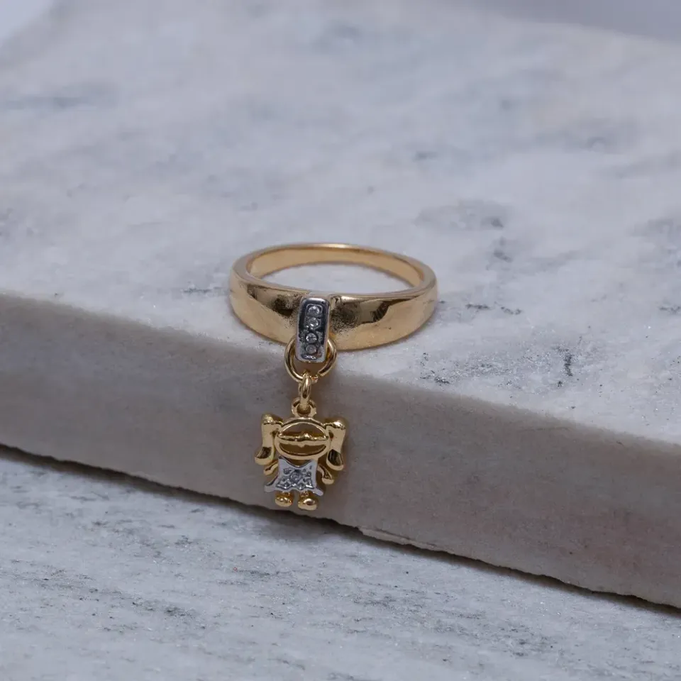 ANEL FILHOS MENINA COM CANETA RÓDIO BRANCO BANHO OURO 18K