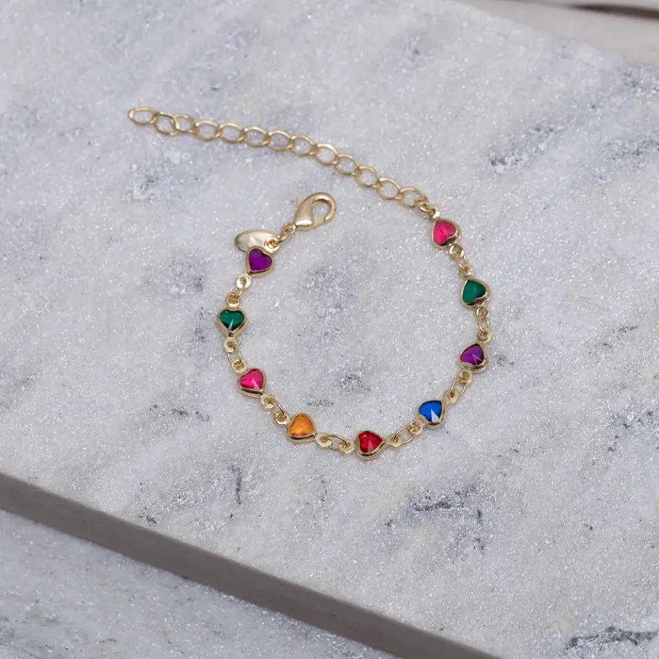 PULSEIRA INFANTIL CORAÇÕES COLORIDOS BANHO OURO 18K