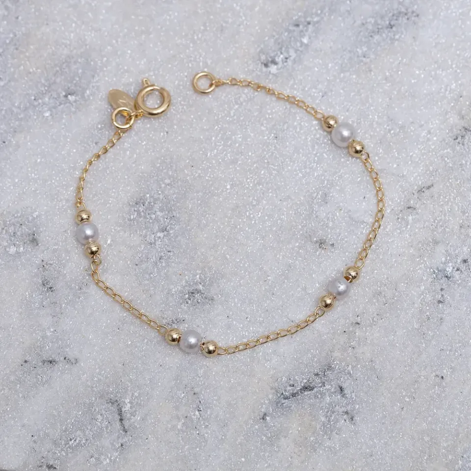 PULSEIRA INFANTIL PÉROLA E BOLINHAS LISAS BANHO OURO 18K