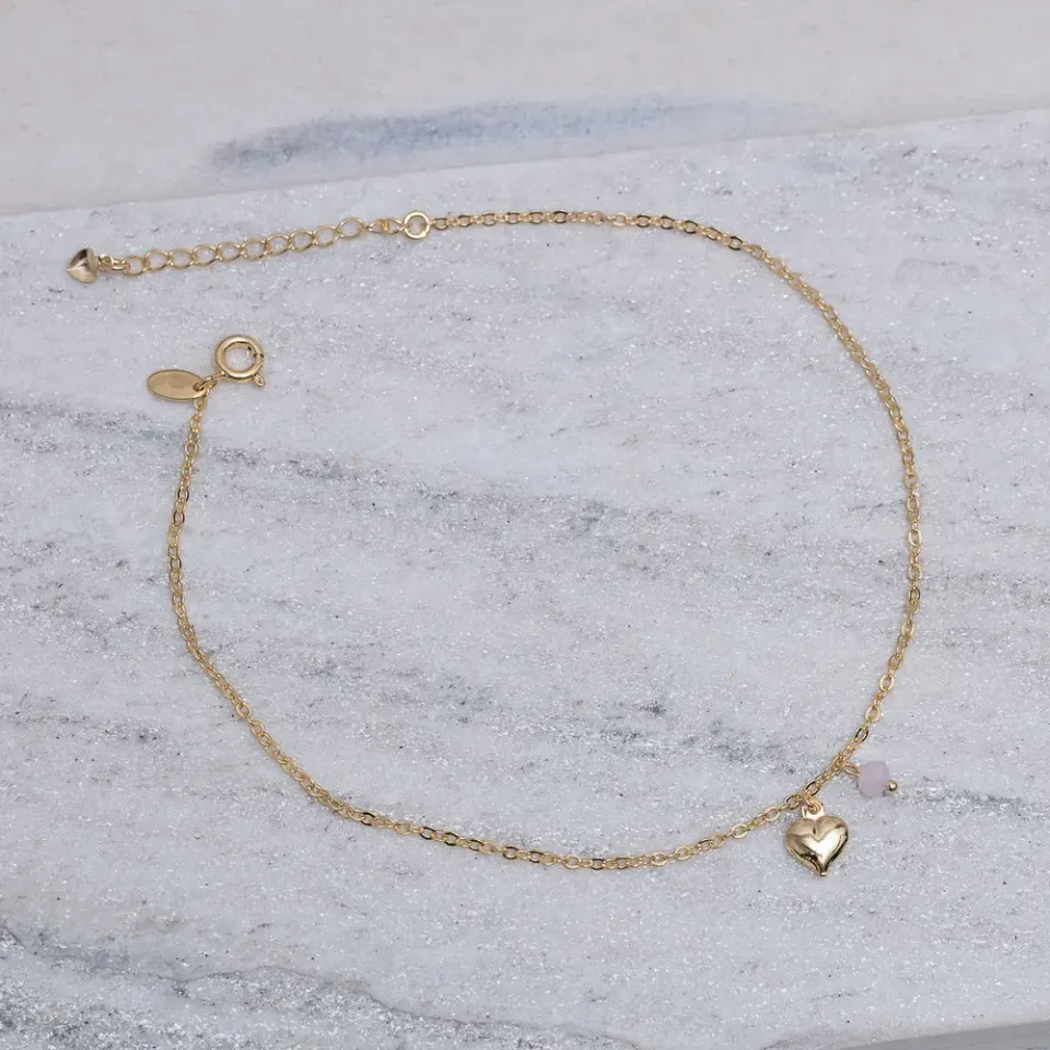 TORNOZELEIRA CORAÇÃO COM CRISTAL ROSA BANHO OURO 18K