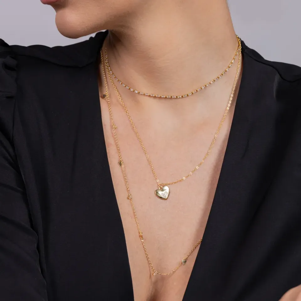 COLAR DUPLO COM CORAÇÃO LISO E CRAVEJADO BANHO OURO 18K