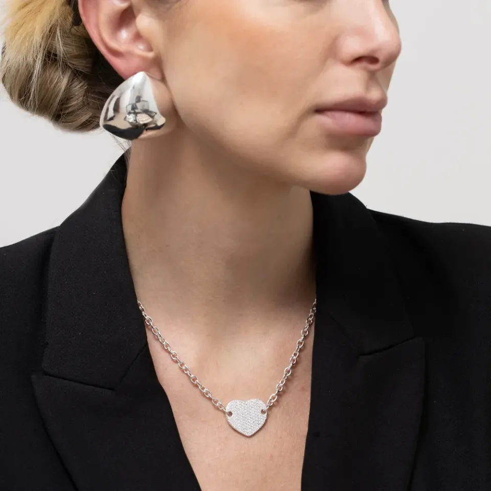 CHOKER ELOS COM CORAÇÃO CRAVEJADO BANHO PRATA