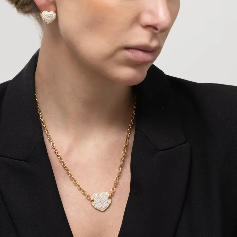 CHOKER ELOS COM CORAÇÃO CRAVEJADO BANHO OURO 18K