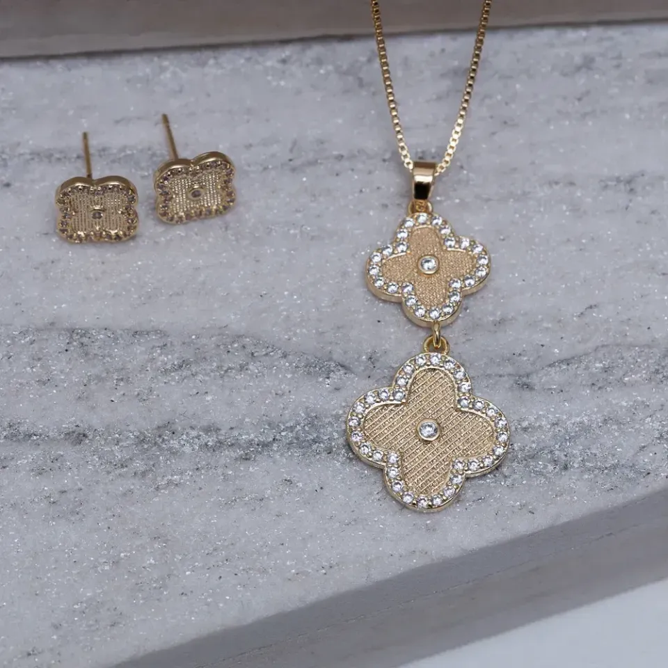 CONJUNTO VIRGINIA DUPLO  COM ZIRCÔNIAS BANHO OURO 18K