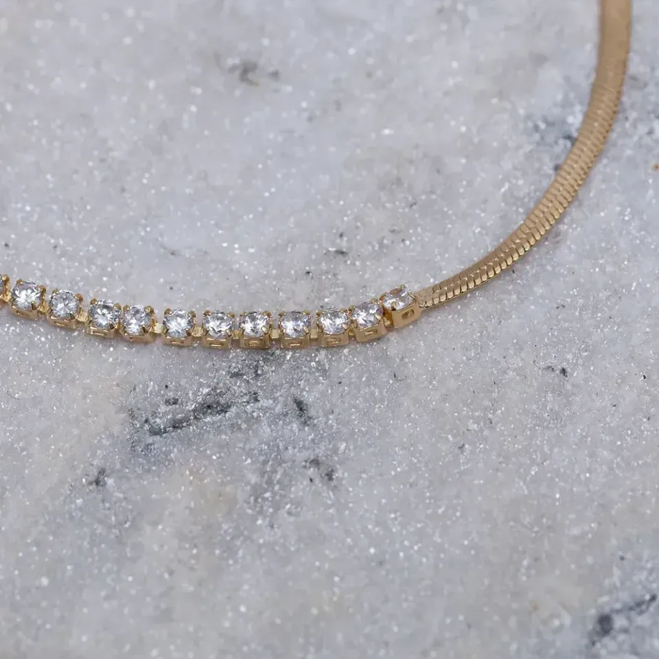 PULSEIRA FITA ESPELHADA E COM ZIRCÔNIAS BANHO OURO 18K
