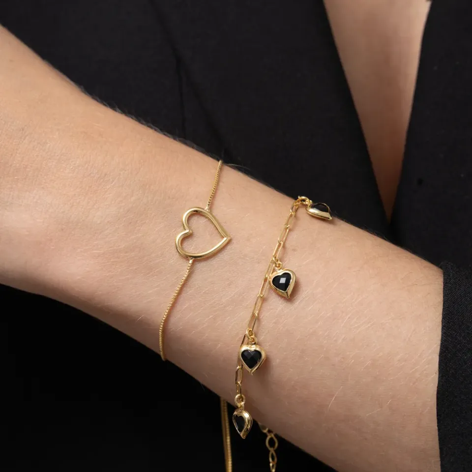 PULSEIRA REGULAGEM CORAÇÃO VAZADO BANHO OURO 18K