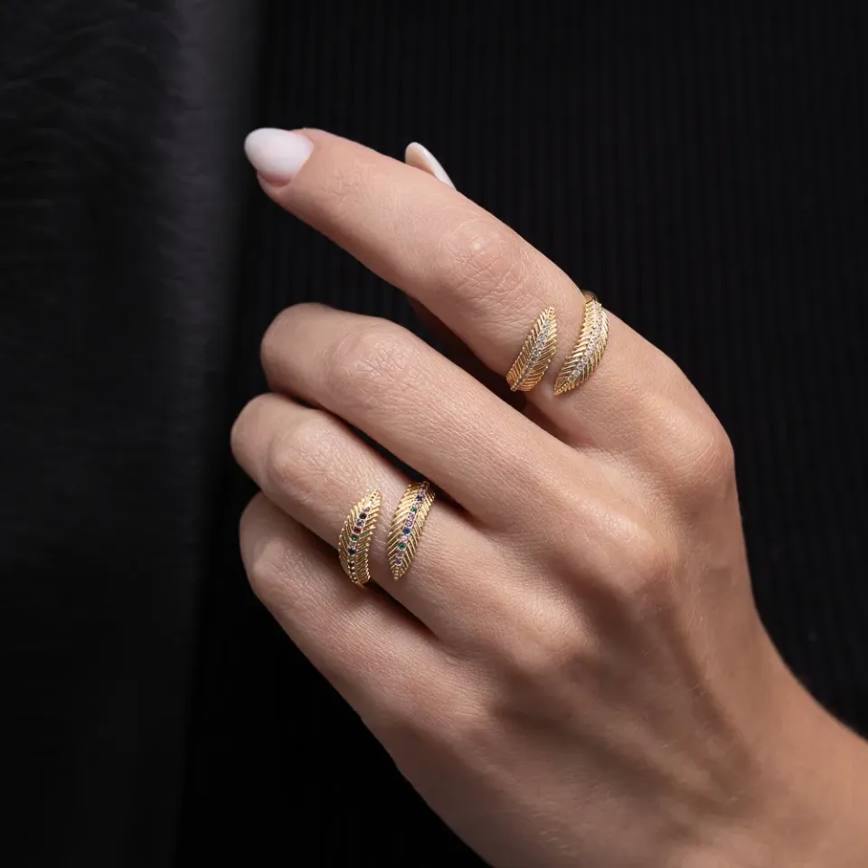 ANEL FOLHA COM ZIRCÔNIAS COLORIDAS REGULÁVEL BANHO OURO 18K