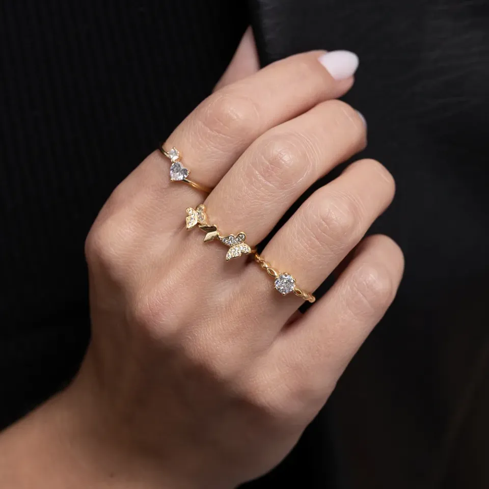 ANEL BORBOLETAS CRAVEJADAS BANHO OURO 18K
