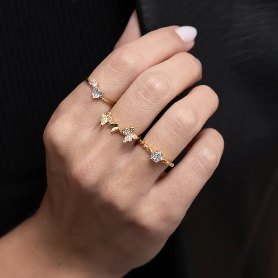 ANEL BORBOLETAS CRAVEJADAS BANHO OURO 18K