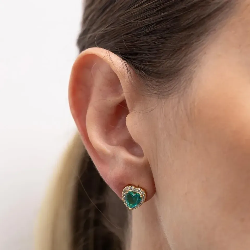 BRINCO CORAÇÃO M COM PEDRA VERDE TIFFANY BANHO OURO 18K