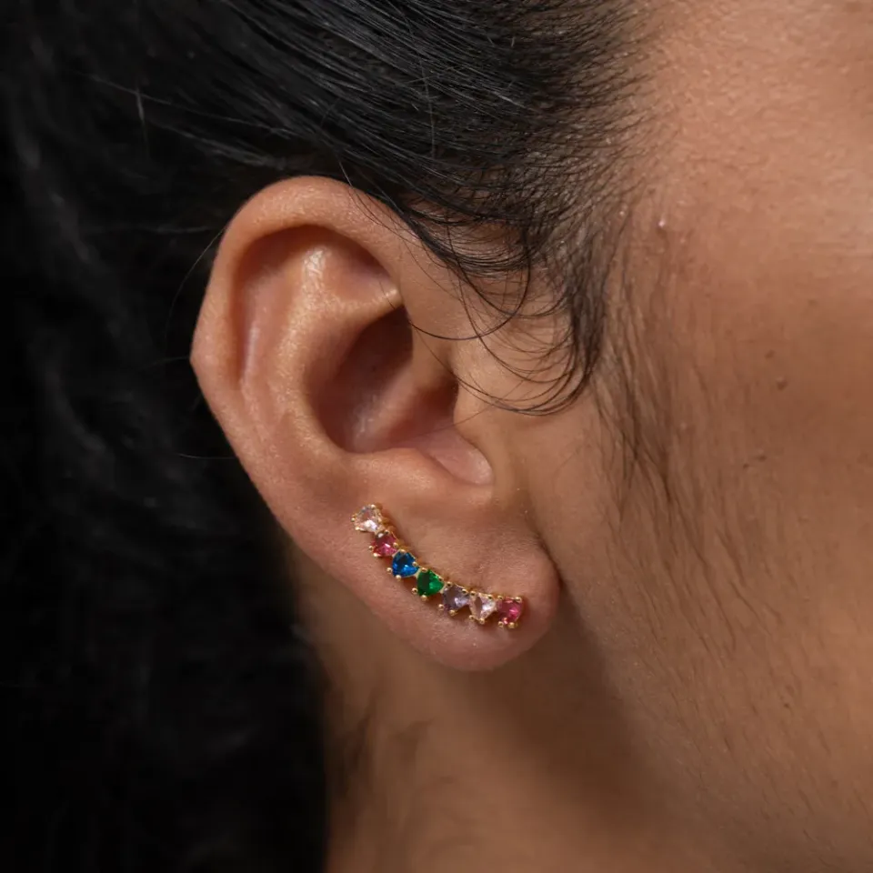 BRINCO EAR CUFF CORAÇÕES COLORIDOS BANHO OURO 18K