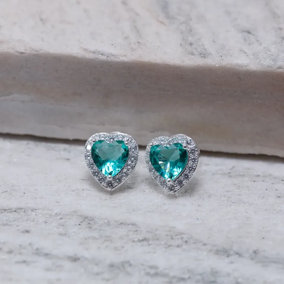 BRINCO CORAÇÃO M COM PEDRA VERDE TIFFANY BANHO PRATA