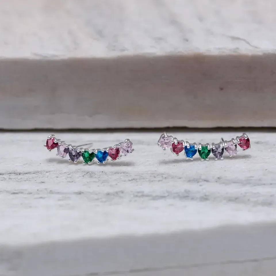 BRINCO EAR CUFF CORAÇÕES COLORIDOS BANHO PRATA