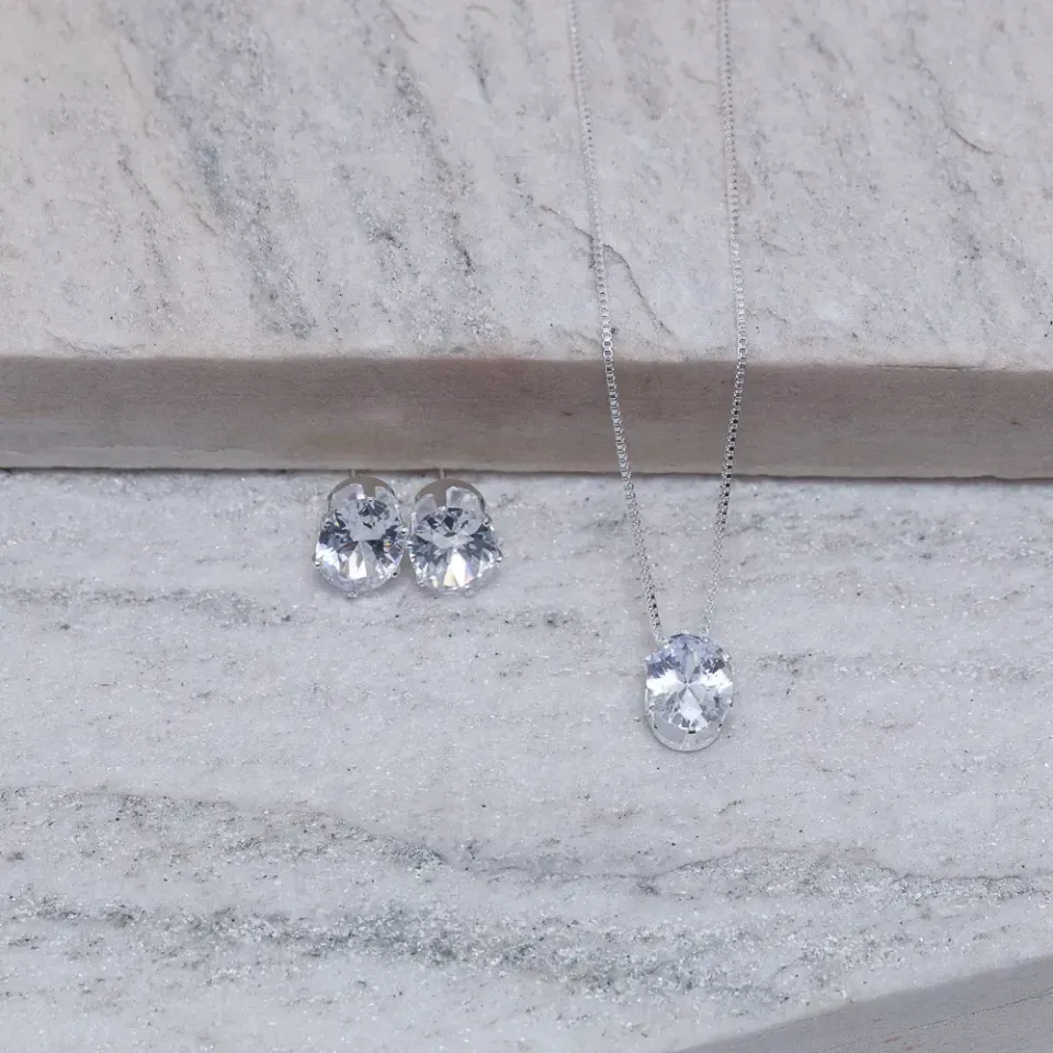 CONJUNTO PONTO DE LUZ OVAL CRISTAL BANHO PRATA