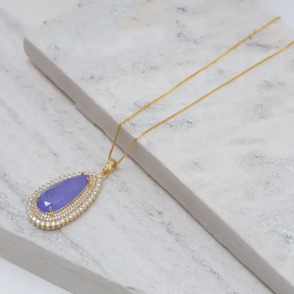 COLAR GOTA  COM ZIRCÔNIAS E PEDRA ROXA G BANHO OURO 18K