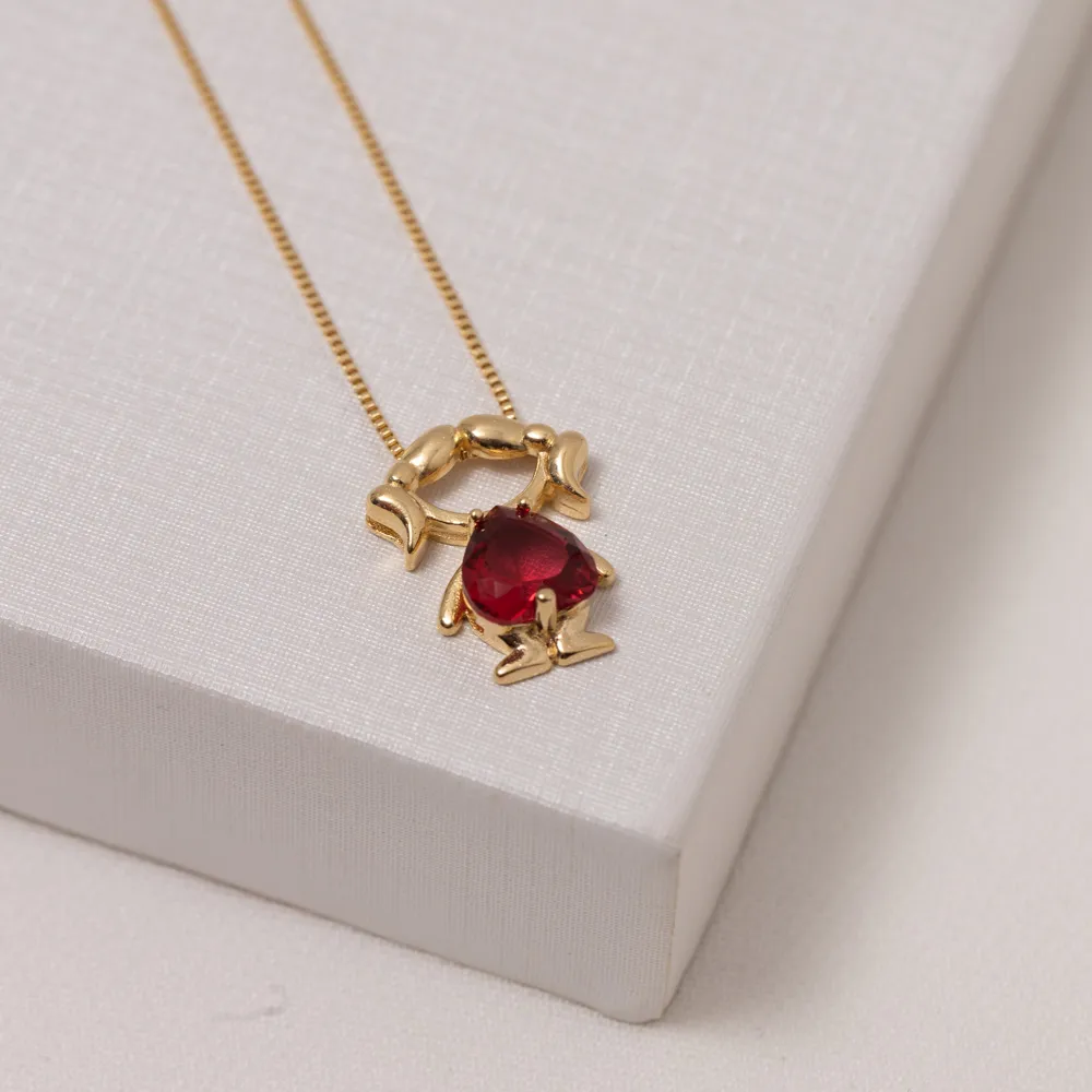COLAR PINGENTE FILHA PEDRA VERMELHA BANHO OURO 18K