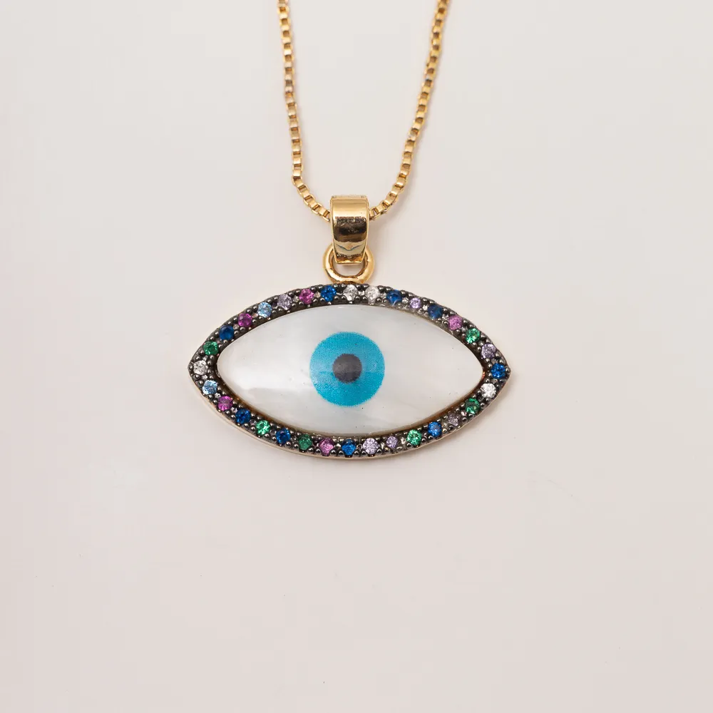 CONJUNTO OLHO GREGO ZIRCÔNIA COLORIDAS BANHO OURO 18K