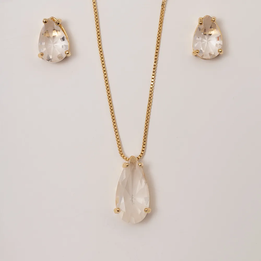 CONJUNTO CRISTAL BRANCO M BANHO OURO 18K