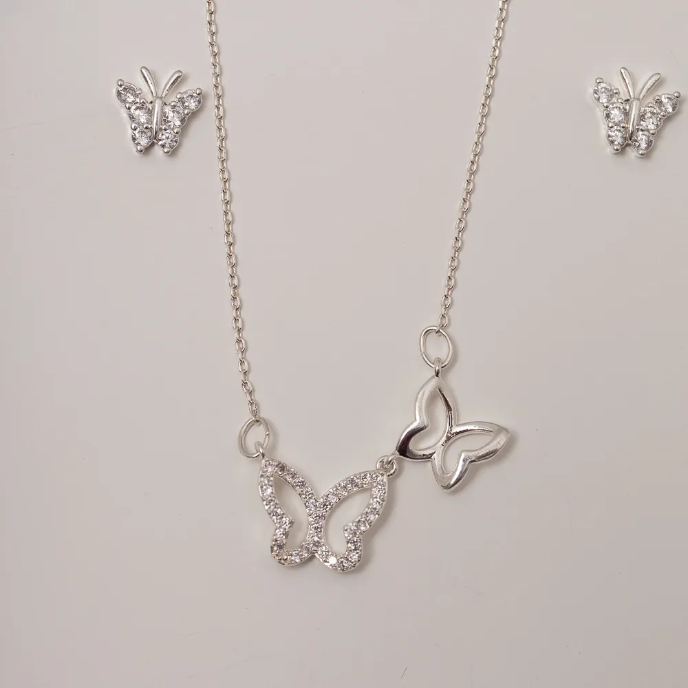 CONJUNTO ZIRCÔNIA BORBOLETA DUPLA BANHO PRATA